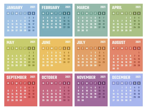 Calendario para 2021 comienza el lunes, diseño del calendario vectorial 2021 año — Vector de stock