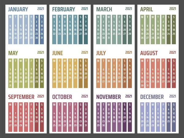 Calendario per 2021 inizia lunedì, progettazione calendario vettoriale 2021 anno — Vettoriale Stock