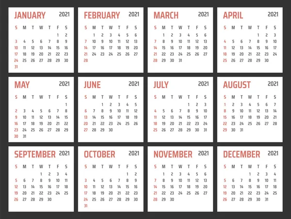 Kalender voor 2021 start zondag, vector kalender ontwerp 2021 jaar — Stockvector