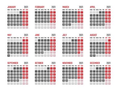 2021 için takvim pazartesi başlıyor, vektör takvimi tasarımı 2021 yıl