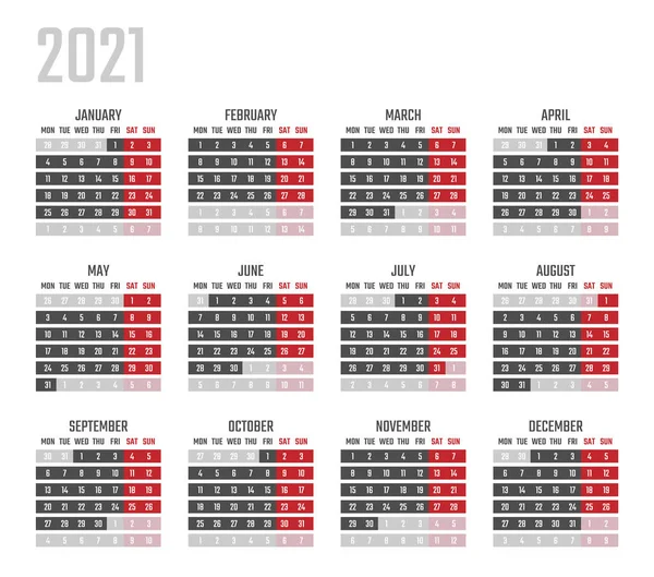 Calendar for 2021 starts monday, vector calendar design 2021 year — Stock Vector