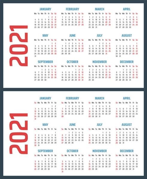 Calendario per 2021 inizia domenica e lunedì, progettazione calendario vettoriale 2021 anno — Vettoriale Stock