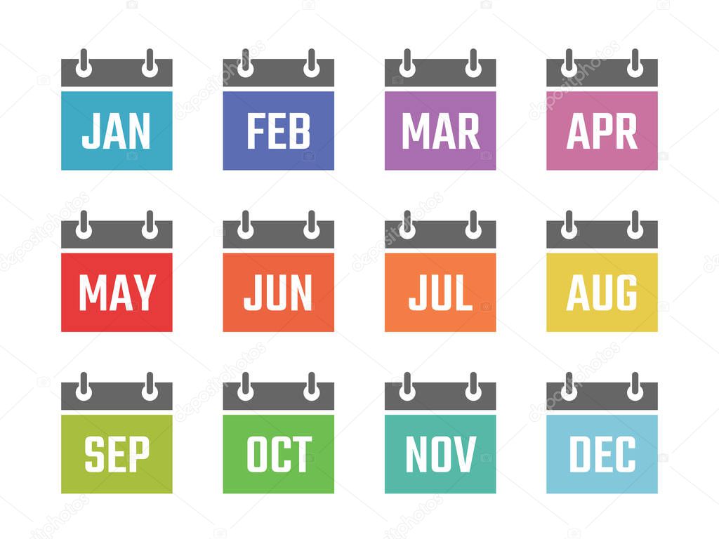 calendar 12 month icon set, color signs for all months of the year