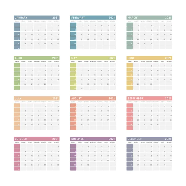 Ημερολόγιο για 2021 ξεκινά την Κυριακή, διανυσματικό ημερολόγιο σχεδιασμού 2021 έτος — Διανυσματικό Αρχείο