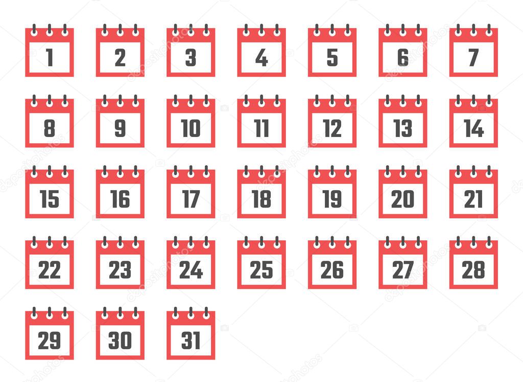 calendar dates flat icon set from 1 to 31