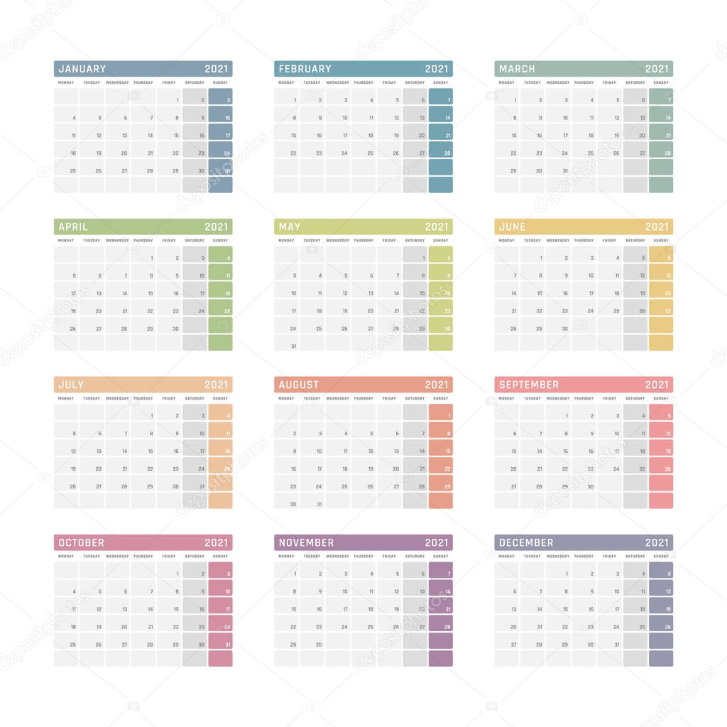calendar for 2021 starts monday, vector calendar design 2021 year