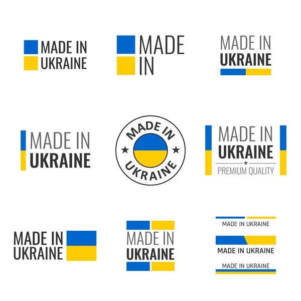 Tillverkad i Ukraina etiketter set, ukrainska produkt emblem — Stock vektor