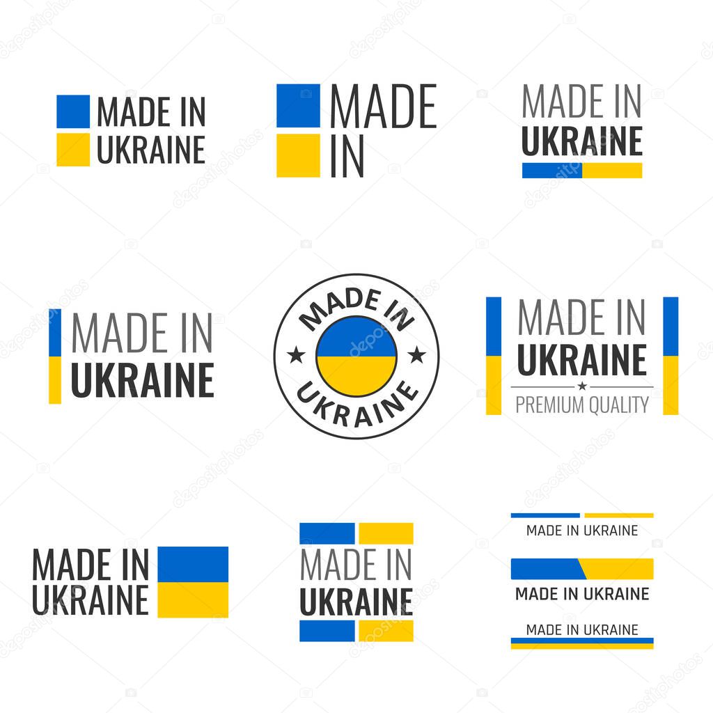made in Ukraine labels set, Ukrainian product emblem