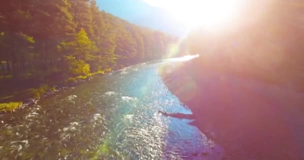 Mittlerer Luftflug über einen frischen und sauberen Gebirgsfluss an einem sonnigen Sommermorgen — Stockvideo