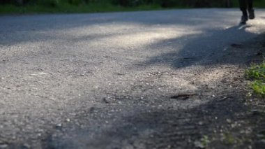 Asfalt yolda koşan sporcu. Kırsal şehir parkı. Yeşil ağaç ormanı ve ufukta güneş ışığı.