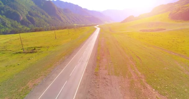 Lot nad górską drogą asfaltową i łąką — Wideo stockowe