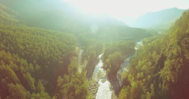 Vuelo en medio del aire sobre el río fresco de la montaña y el prado en la soleada mañana de verano. Camino de tierra rural abajo. — Vídeos de Stock