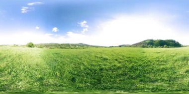 360 VR 'lık güzel bir dağ çayırı zaman dilimi. Yaz ya da sonbahar zamanında. Bulutlar, yeşil çimenler ve güneş ışınları.
