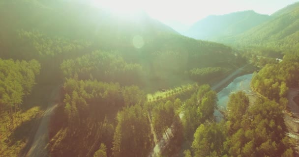 Mid air flight over fresh mountain river and meadow at sunny summer morning. Rural dirt road below. — Stock Video