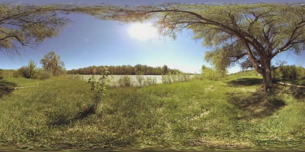 UHD 4K 360 VR Realitatea virtuală a unui râu curge peste roci în peisajul frumos al pădurilor montane — Videoclip de stoc