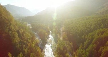 Güneşli yaz sabahında taze dağ nehri ve çayır üzerinde uçuşun ortasında. Aşağıdaki kırsal toprak yol.