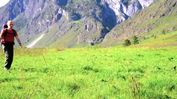 Пішохідний чоловік ходить на зеленому гірському лузі з рюкзаком. Концепція літнього спорту та відпочинку . — стокове відео