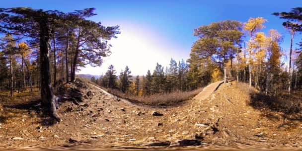 4k 360 Vr virtual Reality van een prachtige berg scène bij de herfst. Wild Russische bergen en toeristische man. — Stockvideo