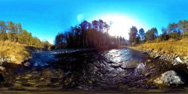Vahşi dağların, çam ormanlarının ve nehir akışlarının 360 VR sanal gerçekliği. Ulusal park, çayır ve güneş ışınları.