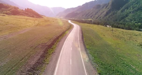 Flug über asphaltierte Bergstraße und Wiese — Stockvideo