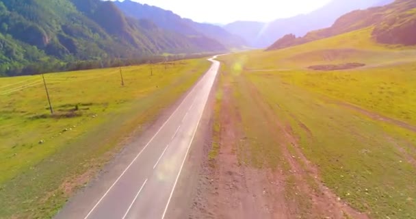 Dağda asfalt karayolu ve çayır üzerinde uçuş — Stok video