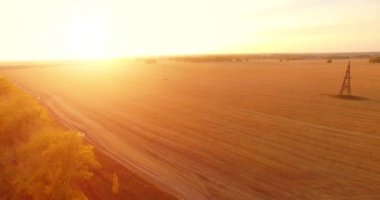UHD 4K hava görüntüsü. Sarı kırsal alan ve toprak yol üzerinde orta-uçuş