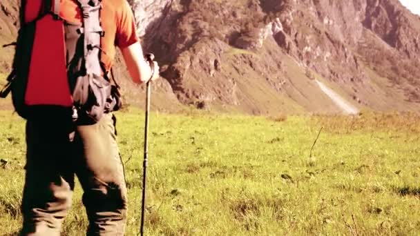 Senderismo hombre caminando en el prado de montaña verde con mochila. Verano deporte y recreación concepto . — Vídeo de stock