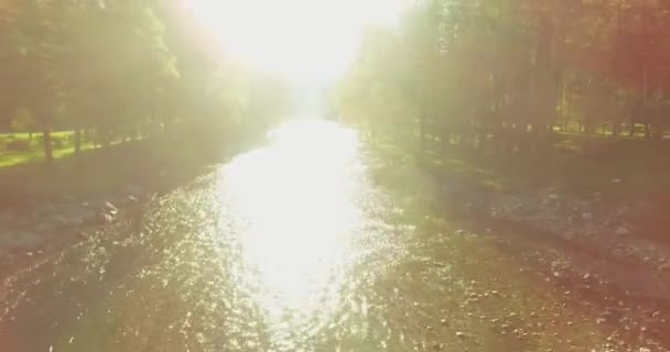 Vuelo en medio del aire sobre un río de montaña fresco y limpio en la soleada mañana de verano — Vídeo de stock