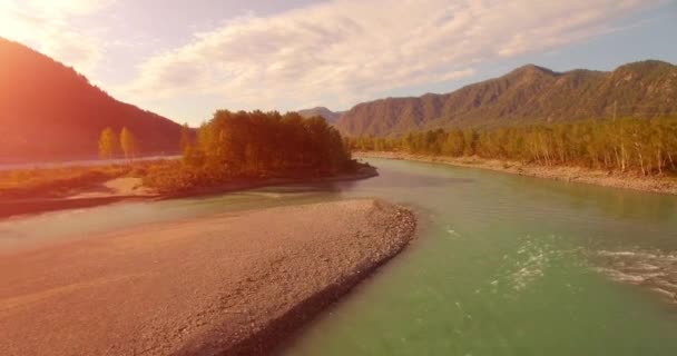 4k UHD aerial view. Low flight over fresh cold mountain river at sunny summer morning. Green trees and sun rays on horisont — Stock Video