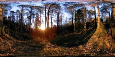 4K 360 VR sonbahar zamanındaki güzel bir dağ manzarasının sanal gerçekliği. Vahşi Sibirya Dağları.