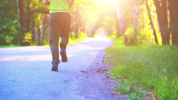 Un uomo sportivo che corre sulla strada asfaltata. Parco urbano rurale. Bosco alberato verde e raggi di sole all'orizzonte. — Video Stock