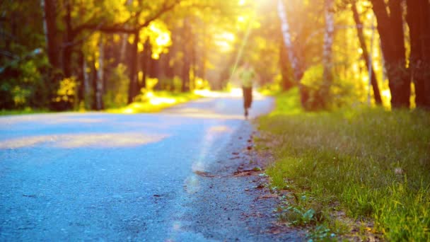 Homem do desporto a correr na estrada de asfalto. Parque rural da cidade. Floresta de árvore verde e raios de sol no horizonte. — Vídeo de Stock