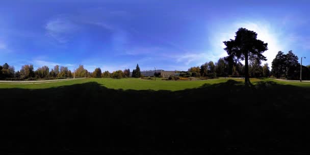 UHD 4K 360 VR Virtual Reality of a city park recreation area. Trees and green grass at autumn or summer day — Stock Video