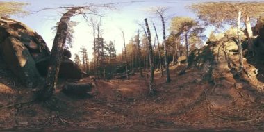 4K 360 VR sonbahar zamanındaki güzel bir dağ manzarasının sanal gerçekliği. Vahşi Sibirya Dağları.