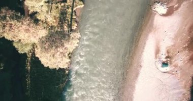 4 k Uhd havadan görünümü. Düşük uçuş üzerinde taze soğuk dağ nehir kıyısında güneşli yaz sabahı.
