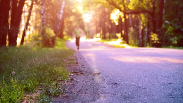 在柏油路上跑步的运动员.乡村城市公园。绿树森林和地平线上的阳光. — 图库视频影像