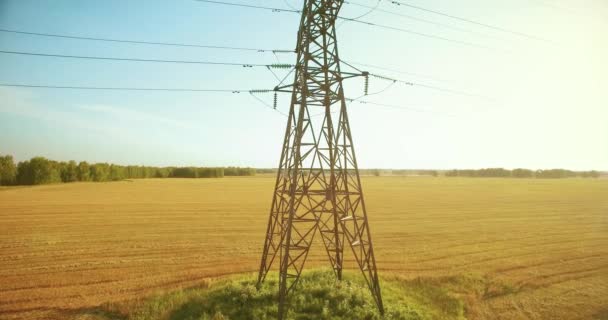 Voo de movimento vertical perto de torre de eletricidade de alta tensão e linhas de energia no campo verde e amarelo — Vídeo de Stock