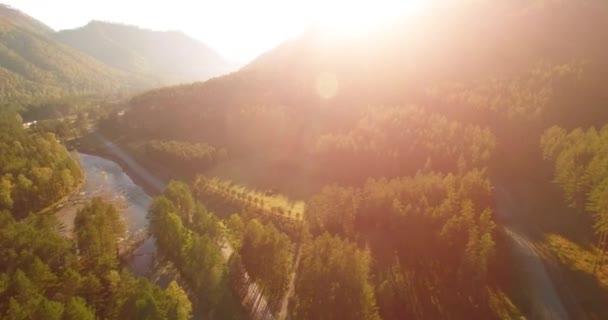 Vol en vol au-dessus d'une rivière de montagne fraîche et d'un pré au matin ensoleillé d'été. Chemin de terre rural en dessous. — Video