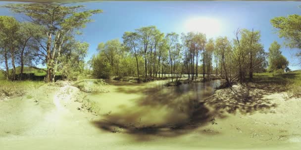 UHD 4K 360 VR Bir nehrin Sanal Gerçekliği güzel dağ ormanlarında kayaların üzerinden akıyor — Stok video