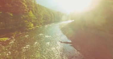 Havadan Uhd 4k görünümü. Güneşli yaz sabahı, taze ve temiz dağ nehir üzerinde havada uçuş. Yemyeşil ağaçlar ve ufukta güneş ışınları. Tarih Pzr doğrudan
