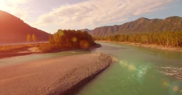 Vue aérienne 4k UHD. Vol bas au-dessus d'une rivière de montagne fraîche et froide au matin ensoleillé d'été. Arbres verts et rayons du soleil sur horisont — Video