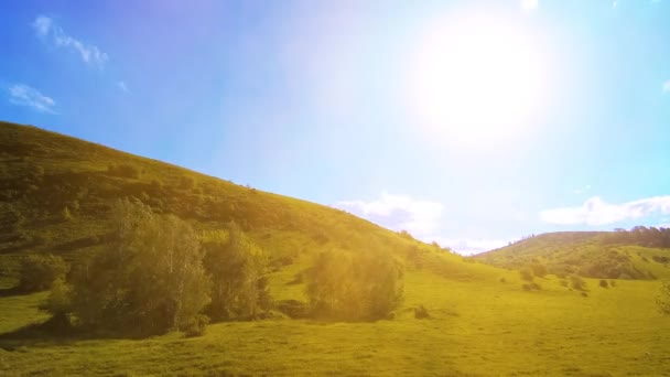 Mountain meadow timelapse at the summer. Clouds, trees, green grass and sun rays movement. — Stock Video