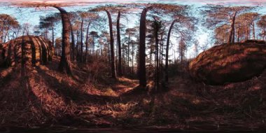 4K 360 VR sonbahar zamanındaki güzel bir dağ manzarasının sanal gerçekliği. Vahşi Sibirya Dağları.