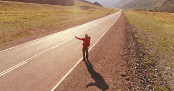 Flight over hitchhiker tourist walking on asphalt road. Huge rural valley at summer day. Backpack hiking guy. — Stock Video