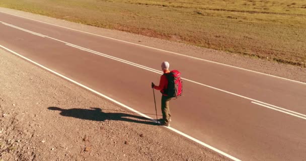 アスファルトの道路を歩くヒッチハイカーの観光客の上のフライト。夏の日に巨大な田舎の谷。リュックハイキング男. — ストック動画