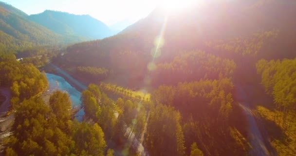 Vuelo en medio del aire sobre el río fresco de la montaña y el prado en la soleada mañana de verano. Camino de tierra rural abajo. — Vídeos de Stock