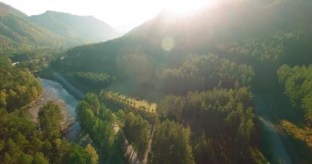 Vôo a meio do ar sobre o rio e o prado frescos da montanha na manhã ensolarada do verão. Estrada de terra rural abaixo. — Vídeo de Stock