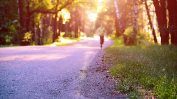 Sport man running at asphalt road. Rural city park. Green tree forest and sun rays on horizon. — Stock Video