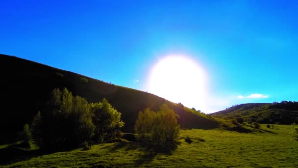 4K UHD montanha prado timelapse no verão. Nuvens, árvores, grama verde e movimento de raios solares. — Vídeo de Stock