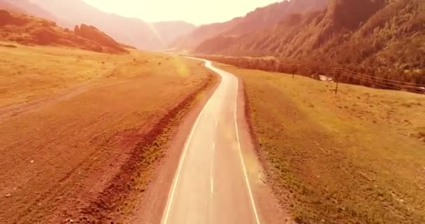 아스팔트 도로와 초원을 넘어 날아가는 비행기 — 비디오